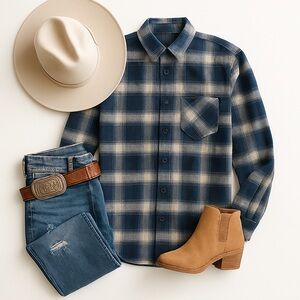 Wild Fable Navy & Cream Button Front 100% Cotton Plaid Button Down Flannel - SM